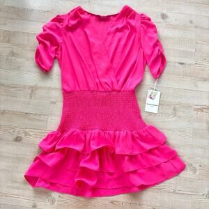 New Amanda Uprichard Tabby Smocked Drop Waist‎ Ruffle Mini Dress | Hot Pink M